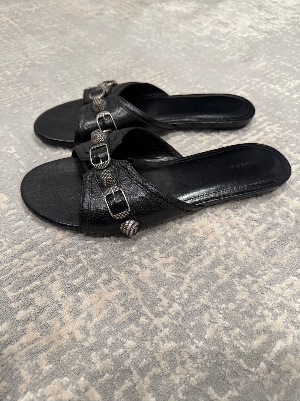 Balenciaga Cagole Black Women's Slide Leather Sandals with Studs Buckles
